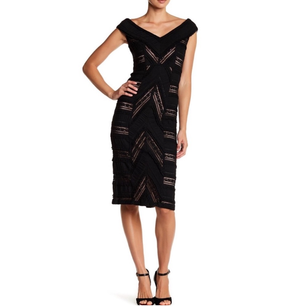 Cinq à Sept Aveline Lace Black Sheath Off Shoulder Midi Knee Length Dress Size 4